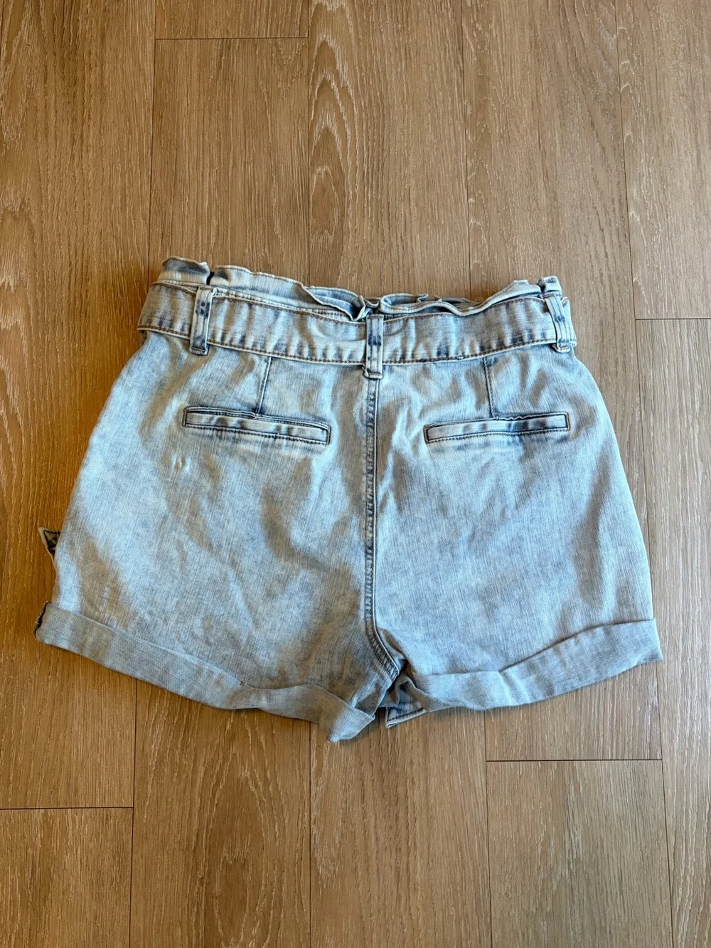 Light Blue Shortie Super High Rise Paperbag Waist Denim Shorts w/ Tie Belt